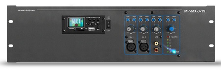 S03470-01 – Pré-amplificador misturador para painel frontal de 19 polegadas, 3U, 2 x MIC/1 x LINE, com leitor MP3
