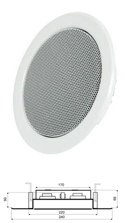 S05250-00 – SPEAK A/B, altifalante de embutir no teto, 2 x 6 W, EN 54-24, profundidade 68 mm